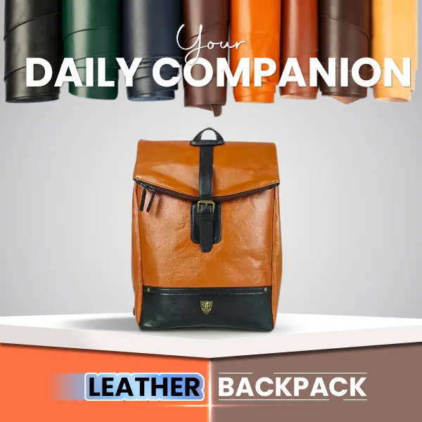 Durable tan and black leather backpack for your daily adventures