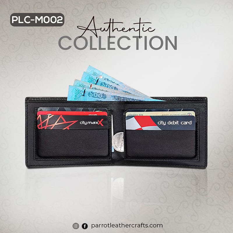 A partially opened view of the black leather money bag for men