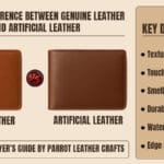 Genuine Leather vs Artificial Leather comparison chart showing key differences in texture and quality