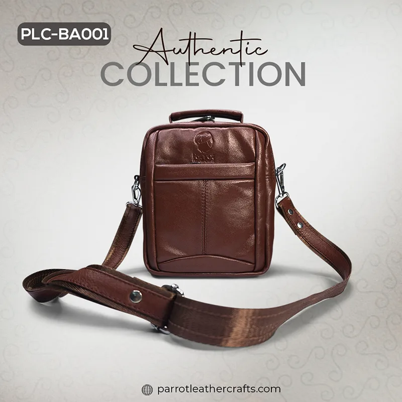 Brown leather cross body messenger bags for men with adjustable shoulder strap.