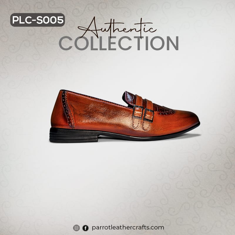 Side profile of the two-tone brown leather loafer Shoes For Men, showing the slip-on design