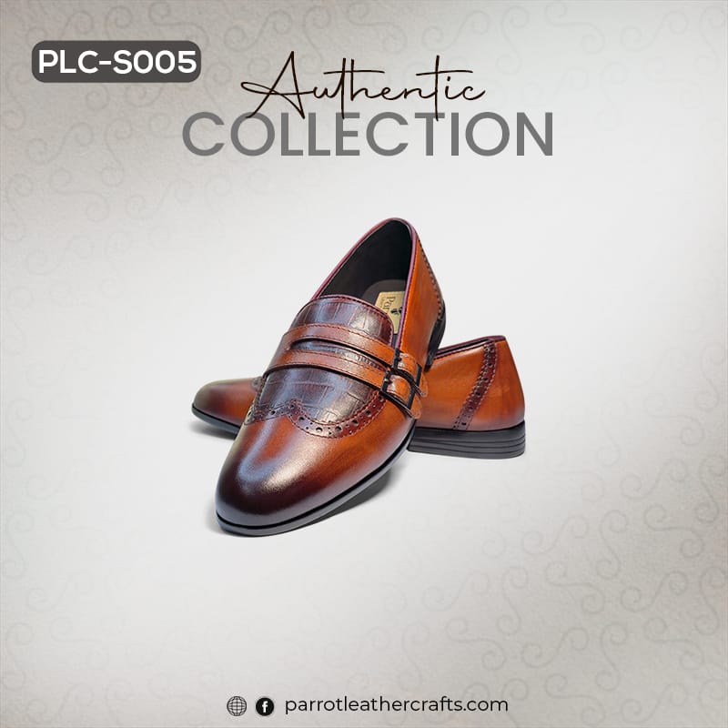 An angled perspective of the two-tone brown loafer Shoes For Men, highlighting the strap design
