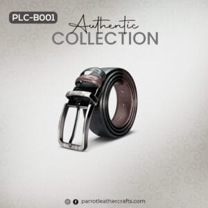 Coiled black formal leather belt (PLC-B001) with a silver pin buckle.