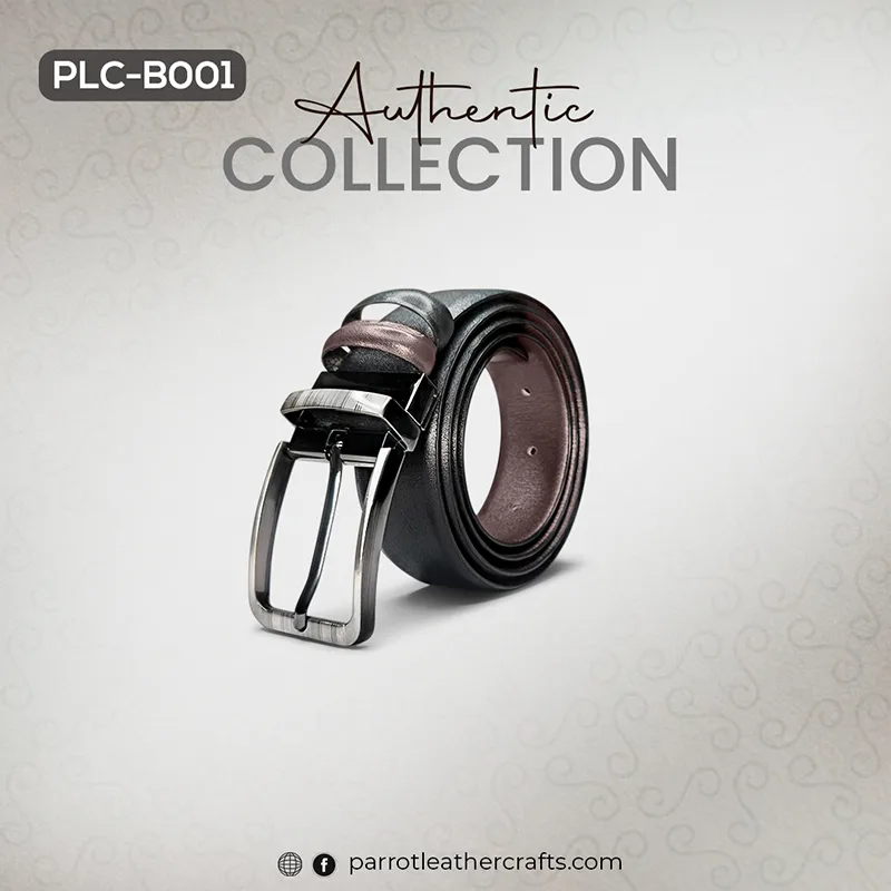 Coiled black formal leather belt (PLC-B001) with a silver pin buckle.