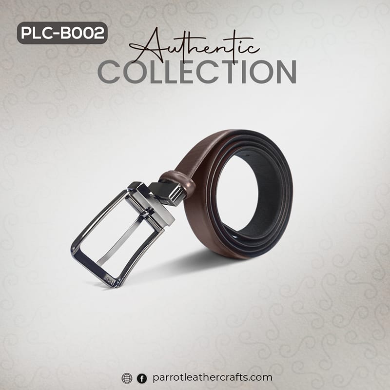 Silver buckle and coiled strap of the premium brown leather belt for men.
