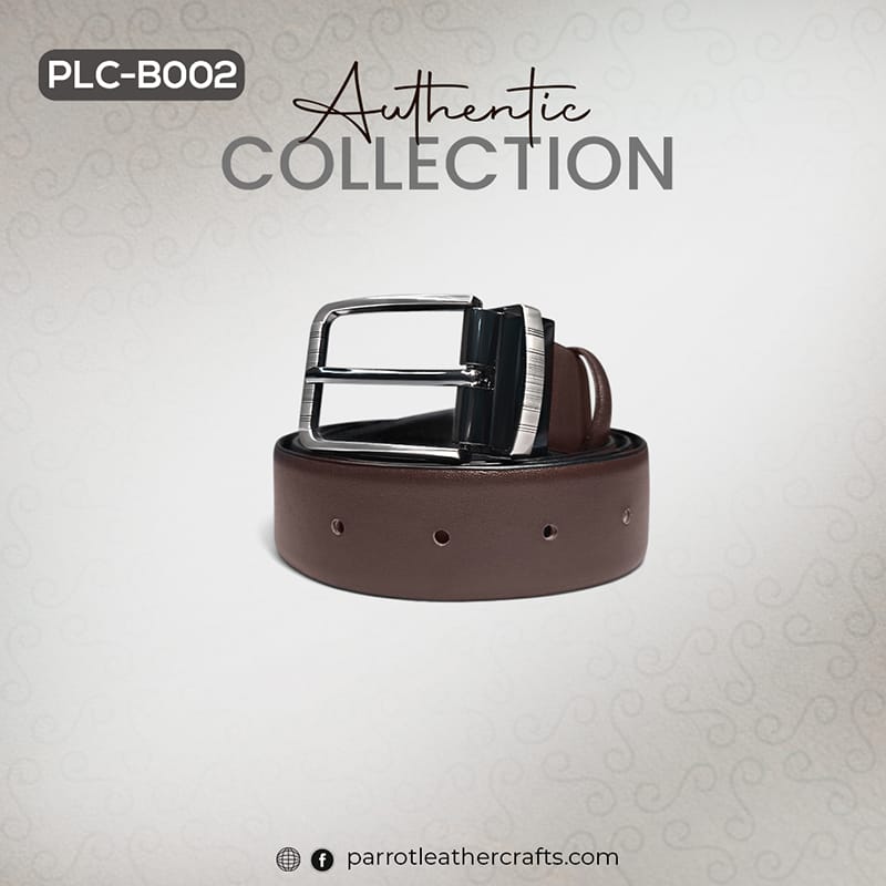 Detailed view of the silver pin buckle on the coiled brown leather belt for men.