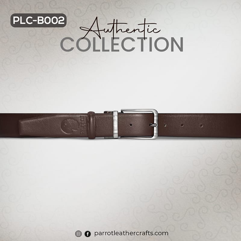 Full length view of the uncoiled brown leather belt for men, showcasing its smooth texture.