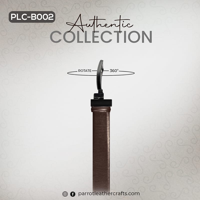 Close-up view of the tapered tip and adjustment holes on the brown leather belt for men.