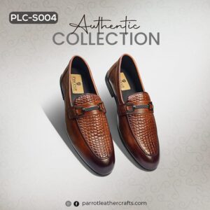 A pair of stylish mens brown leather loafers with a crocodile print texture, model PLC-S004