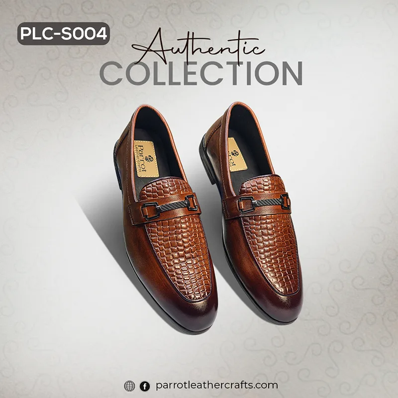 A pair of stylish mens brown leather loafers with a crocodile print texture, model PLC-S004