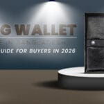 Long Wallet Price in Bangladesh - a guide for buyers featuring a black leather long wallet on a spotlighted pedestal.