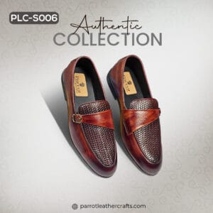 A pair of Parrot Leather Crafts' premium loafers for men (PLC-S006) from a front-angled perspective, emphasizing the woven texture and side buckle detail