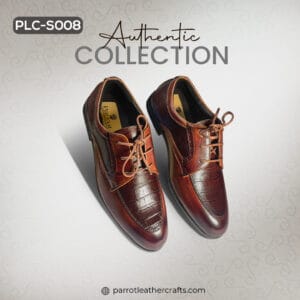 A three-quarter view of the PLC-S008 brown formal shoes for men, emphasizing their rich brown finish and the luxurious texture of the croc-embossed leather