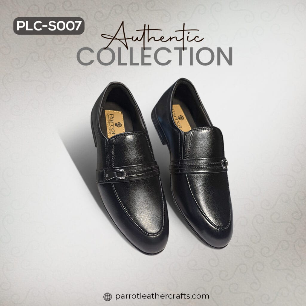 An angled view of the premium leather black formal shoes for men (PLC-S007) by Parrot Leather Crafts, highlighting the sleek design and stylish strap detail