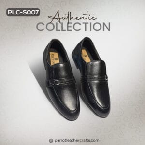 An angled view of the premium leather black formal shoes for men (PLC-S007) by Parrot Leather Crafts, highlighting the sleek design and stylish strap detail