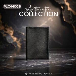 Closed front view of PLC-M008 genuine leather card holder moneybag on a luxury marble surface