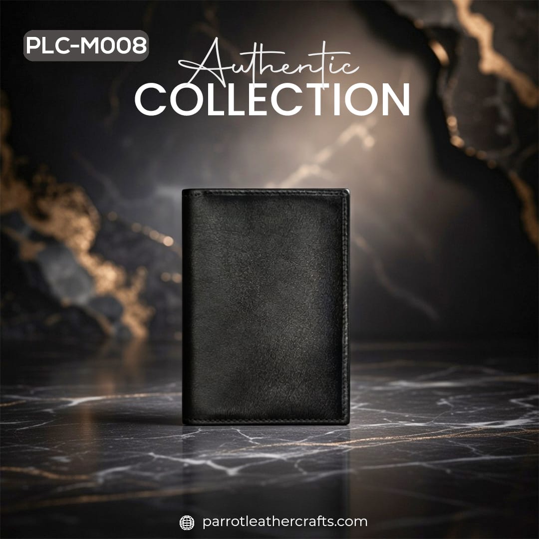 Closed front view of PLC-M008 genuine leather card holder moneybag on a luxury marble surface
