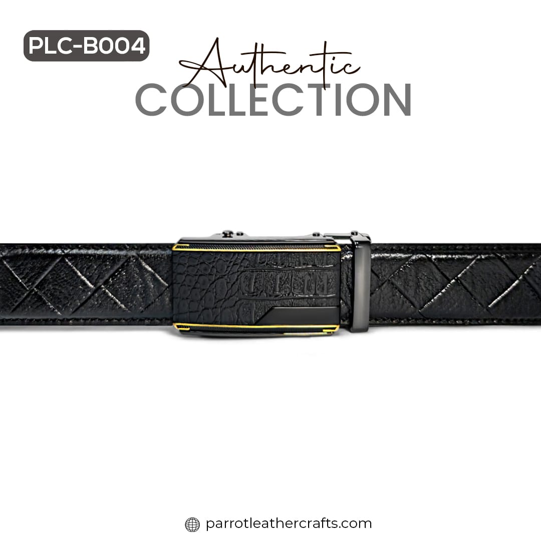 Detailed view of PLC-B004 officer black belt automatic gold trim buckle
