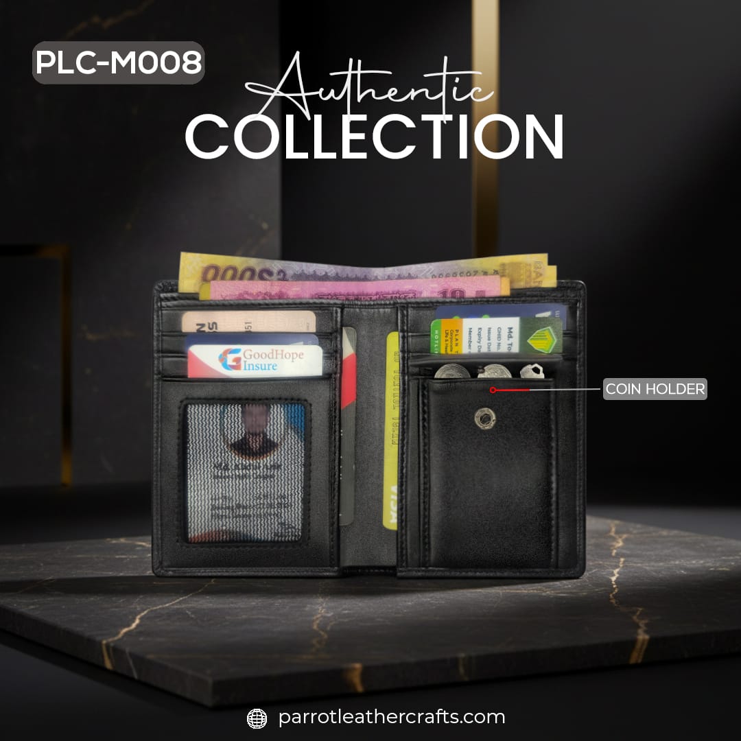 Detailed view of PLC-M008 card holder moneybag filled with cards cash and coins in the holder