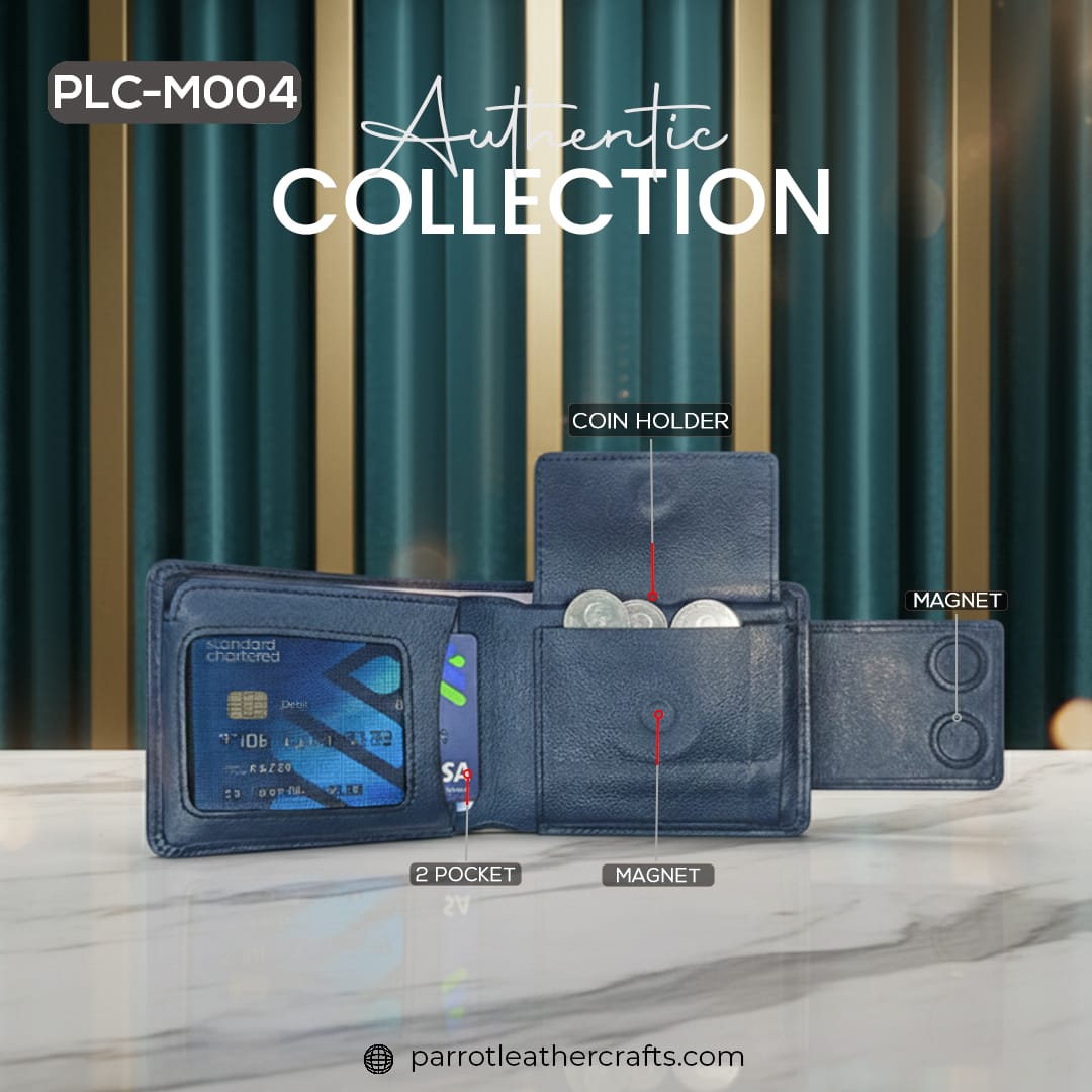 Features of PLC-M004 leather money bag including coin holder and dual magnetic closure