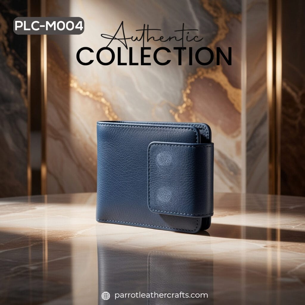 Front view of premium blue leather money bag PLC-M004 by Parrot Leather Crafts