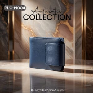 Front view of premium blue leather money bag PLC-M004 by Parrot Leather Crafts