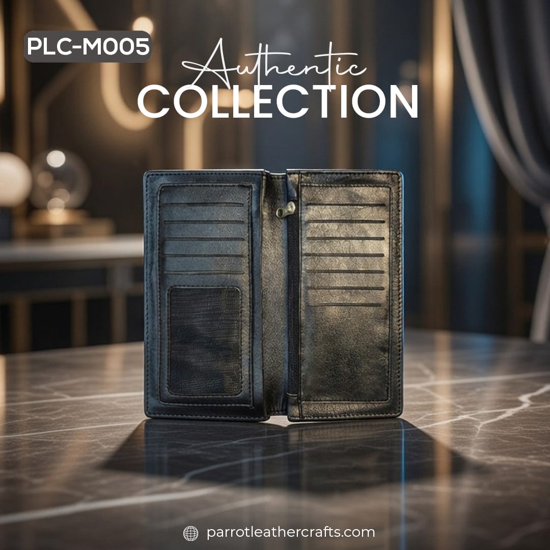Full interior layout of PLC-M005 mens black leather wallet with zipper pocket and cash compartments