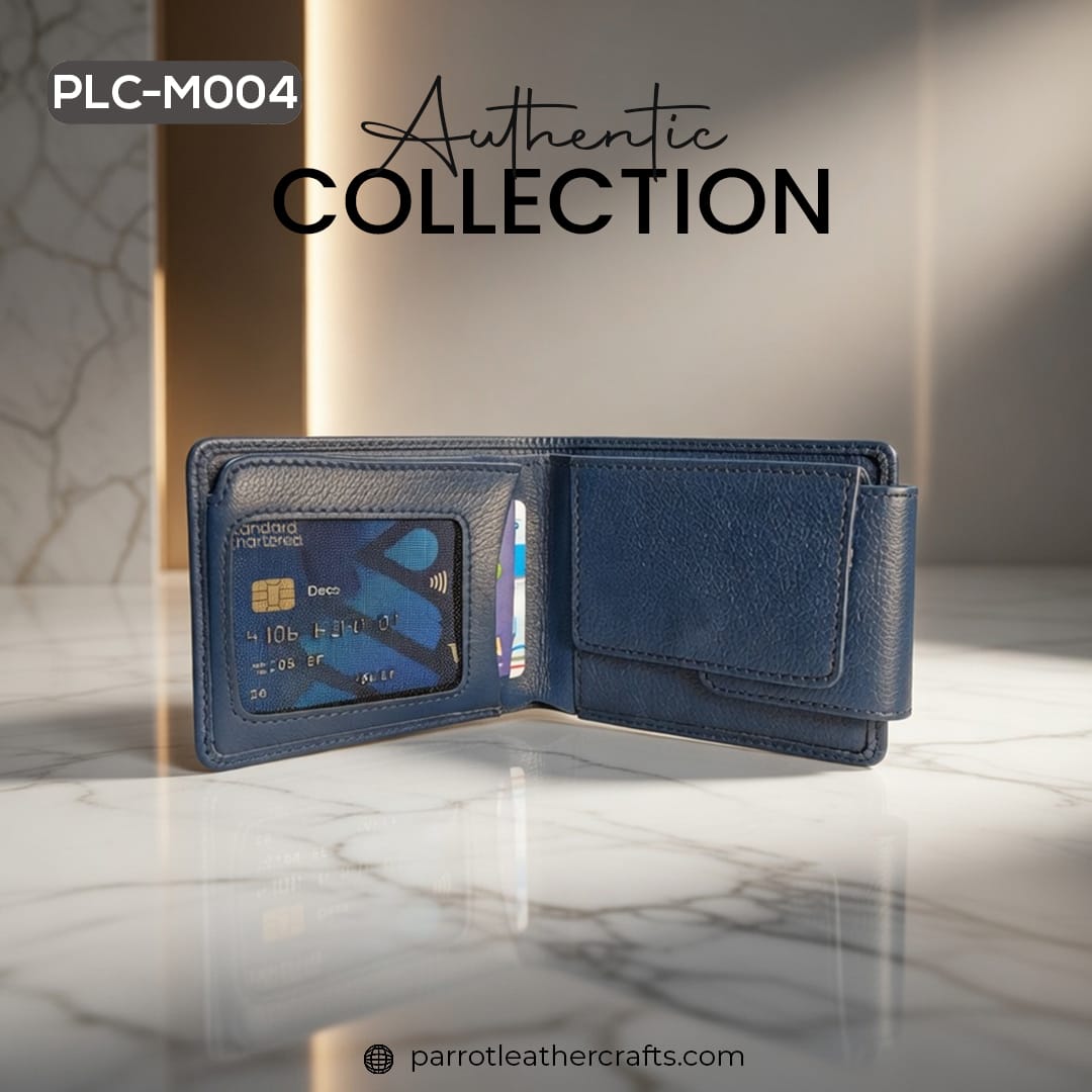 Inside view of PLC-M004 leather money bag showing multiple card slots and ID window
