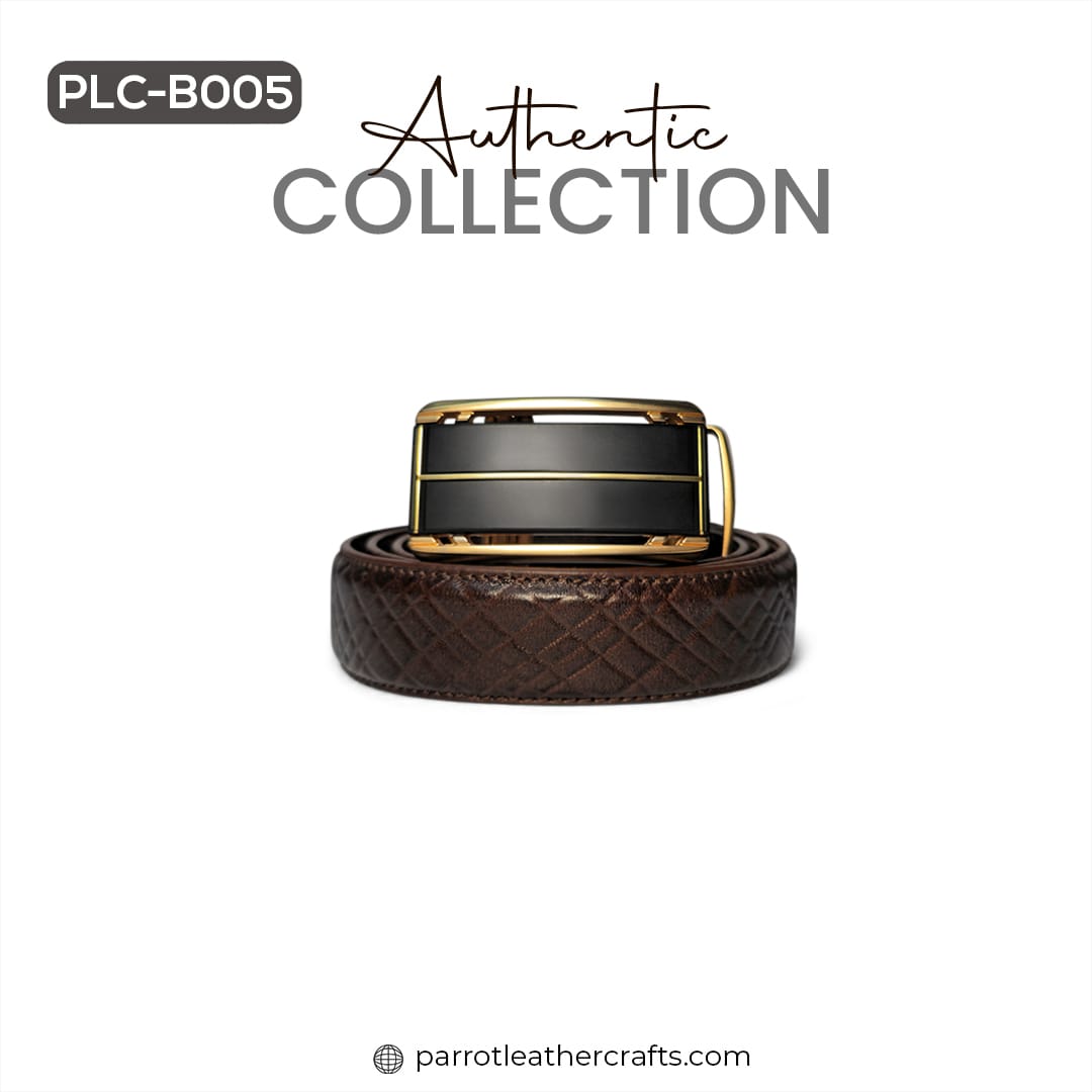PLC-B005 premium chocolate leather belt with luxury gold automatic buckle