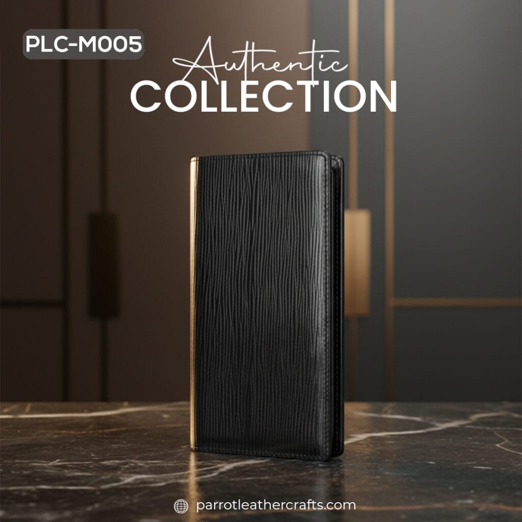 PLC-M005 mens black leather wallet on luxury marble surface authentic collection