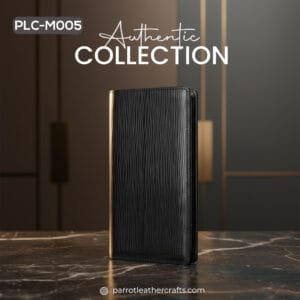 PLC-M005 mens black leather wallet on luxury marble surface authentic collection