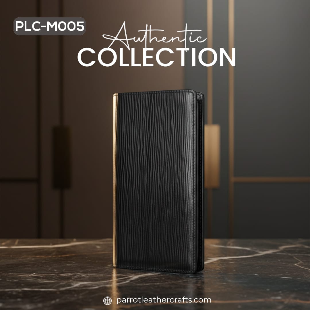 PLC-M005 mens black leather wallet on luxury marble surface authentic collection