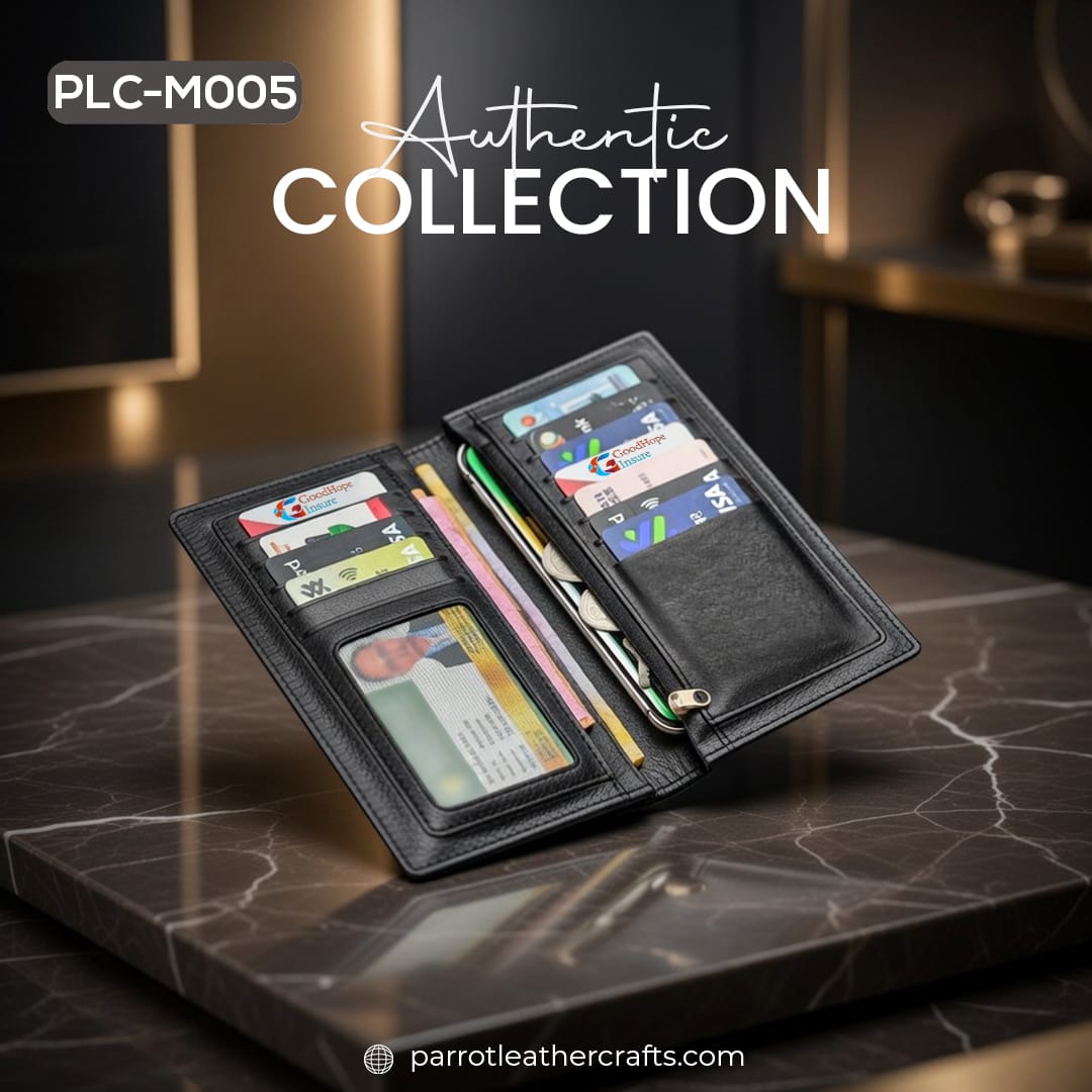 PLC-M005 mens black leather wallet with multiple card slots and ID window
