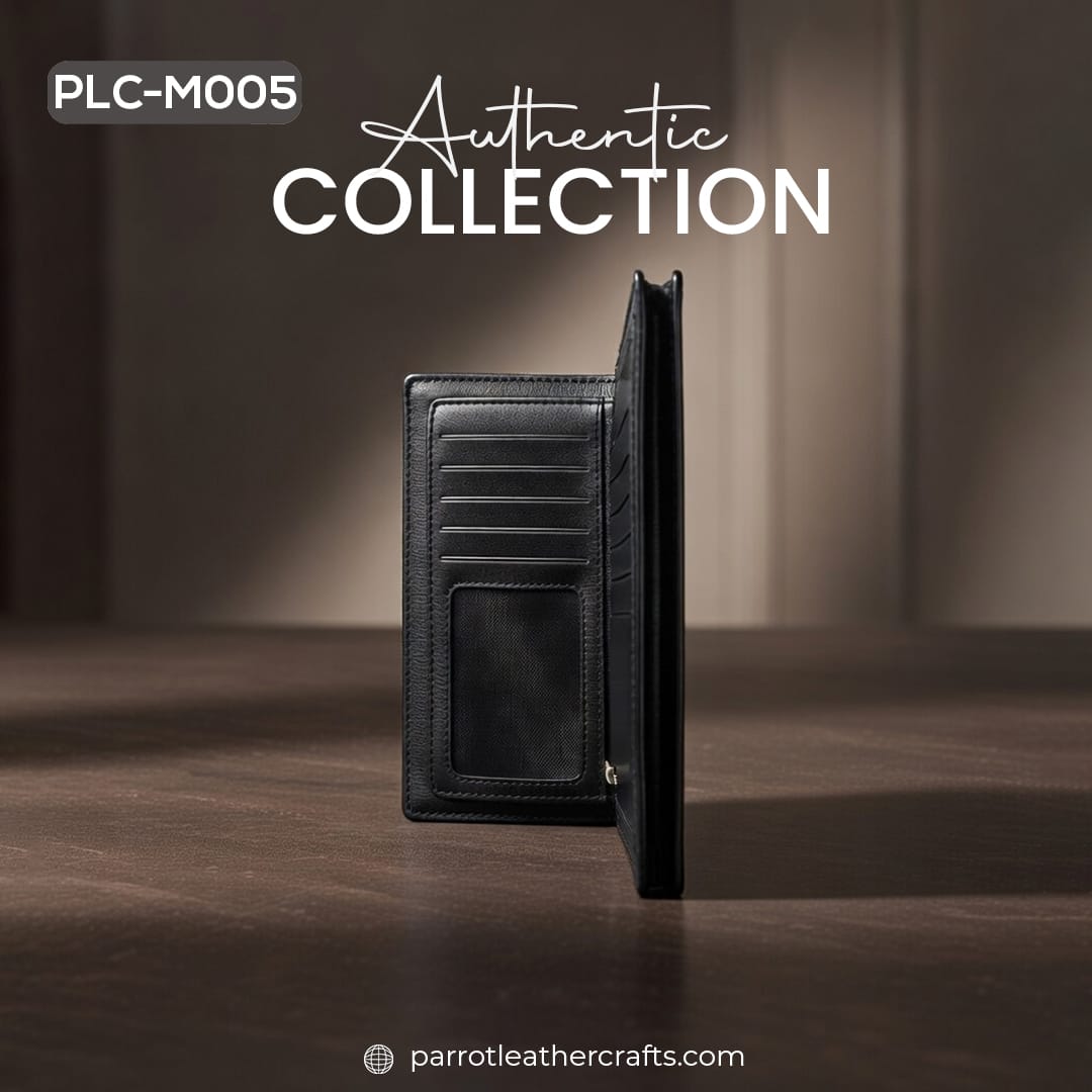 Side view of PLC-M005 mens black leather wallet showing slim design and sturdy stitching