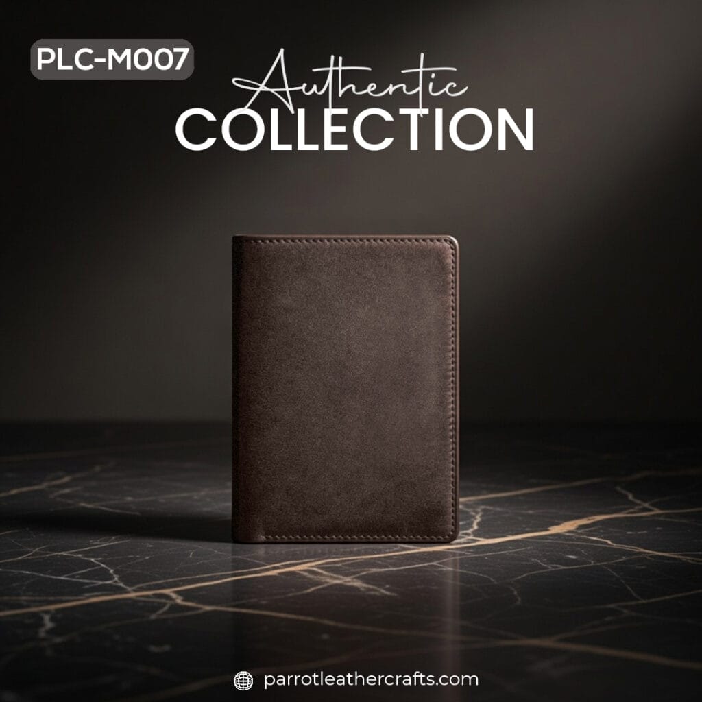 Slim profile of PLC-M007 authentic leather short wallet highlighting durable stitching