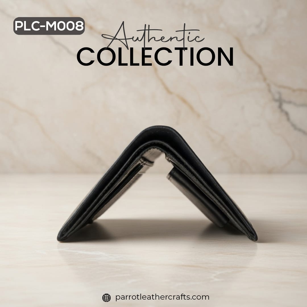 Slim side profile of PLC-M008 authentic leather card holder moneybag showing durable stitching