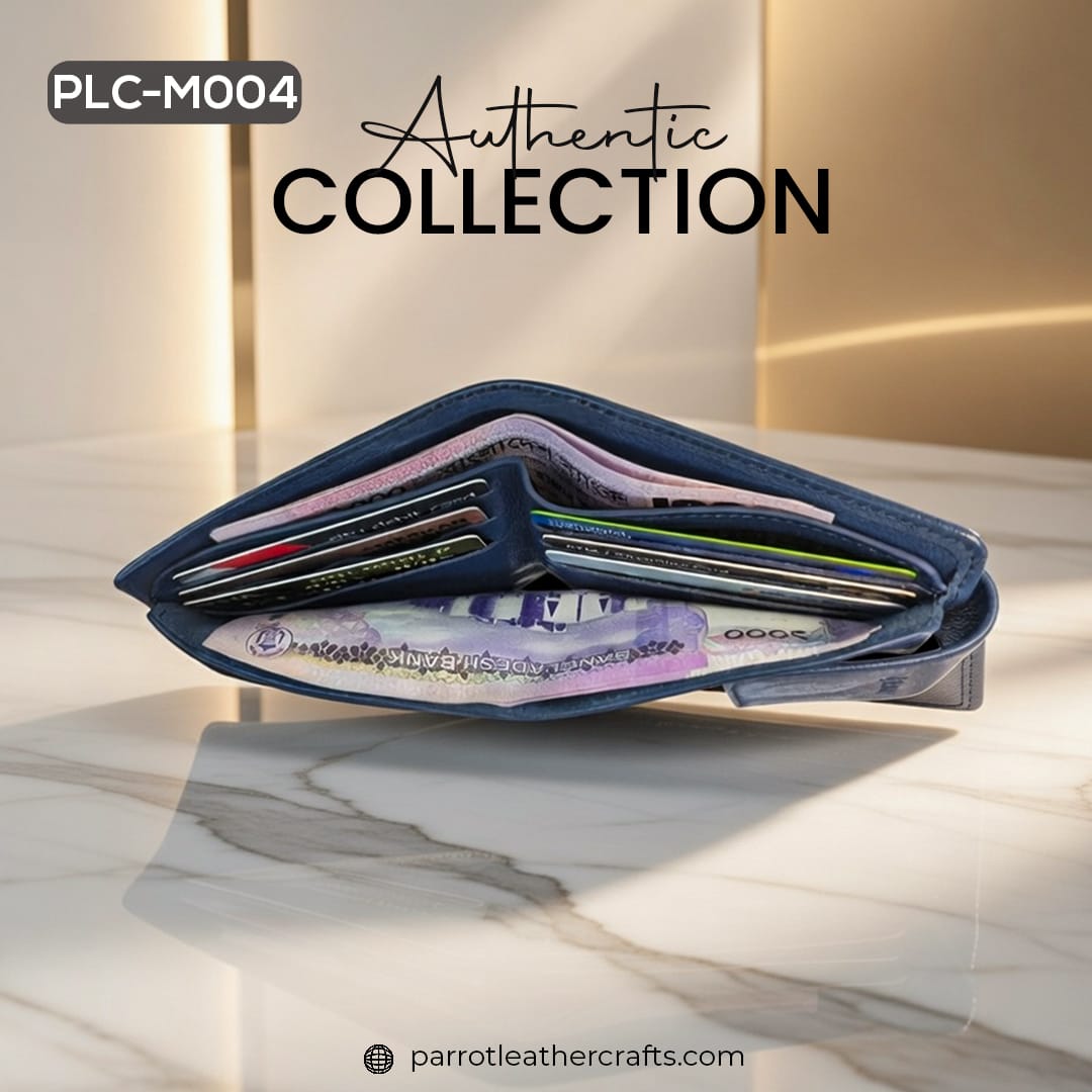 Top view of PLC-M004 leather money bag showing spacious cash compartments with BDT notes