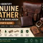How to identify genuine leather products in Bangladesh buyer guide showing leather wallet, bag, belt, and shoes